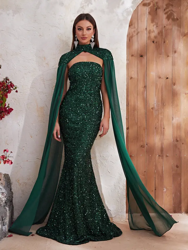 Mock Neck Cloak Sleeve Sequin Formal Dress - TikTok Shop