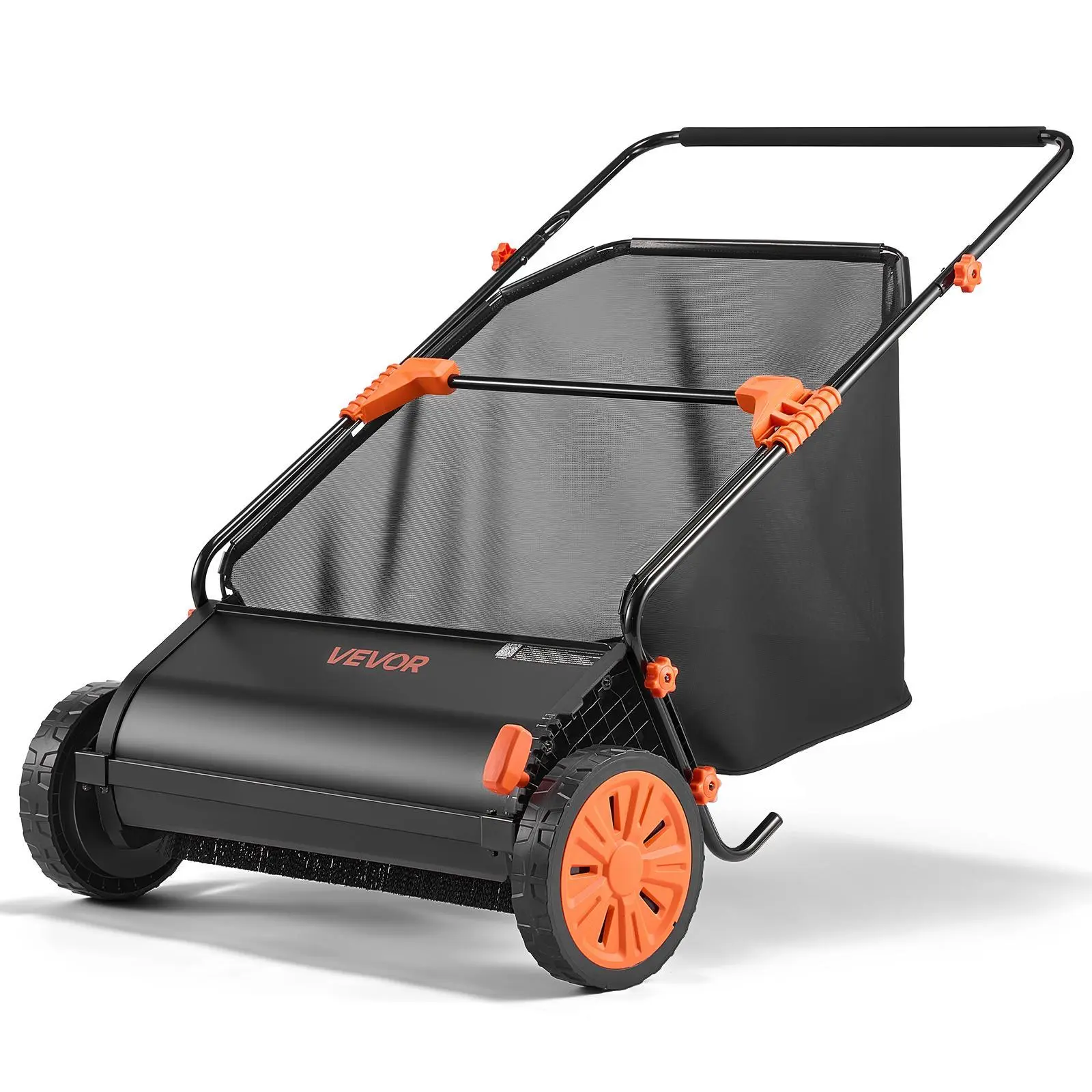 VEVOR Portable 26" Garden Push Lawn Sweeper, 7 cu.ft. Hopper Bag, 10-Level Brush Height, Adjustable Side Handle, Smooth PP+Rubber Wheels Glide Easily, Metal Frame for Leaf Cleaning & Concrete Surfaces