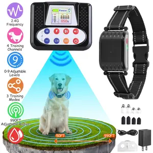 1Set 990FT Range Dog Wireless Fence Remote Training Collar IPX6 Waterproof Receiver With 0-9 Levels Beep Vibration Shock Mode 4 Channels Rechargeable Transmitter System dog barking stopper dog barking stopper
