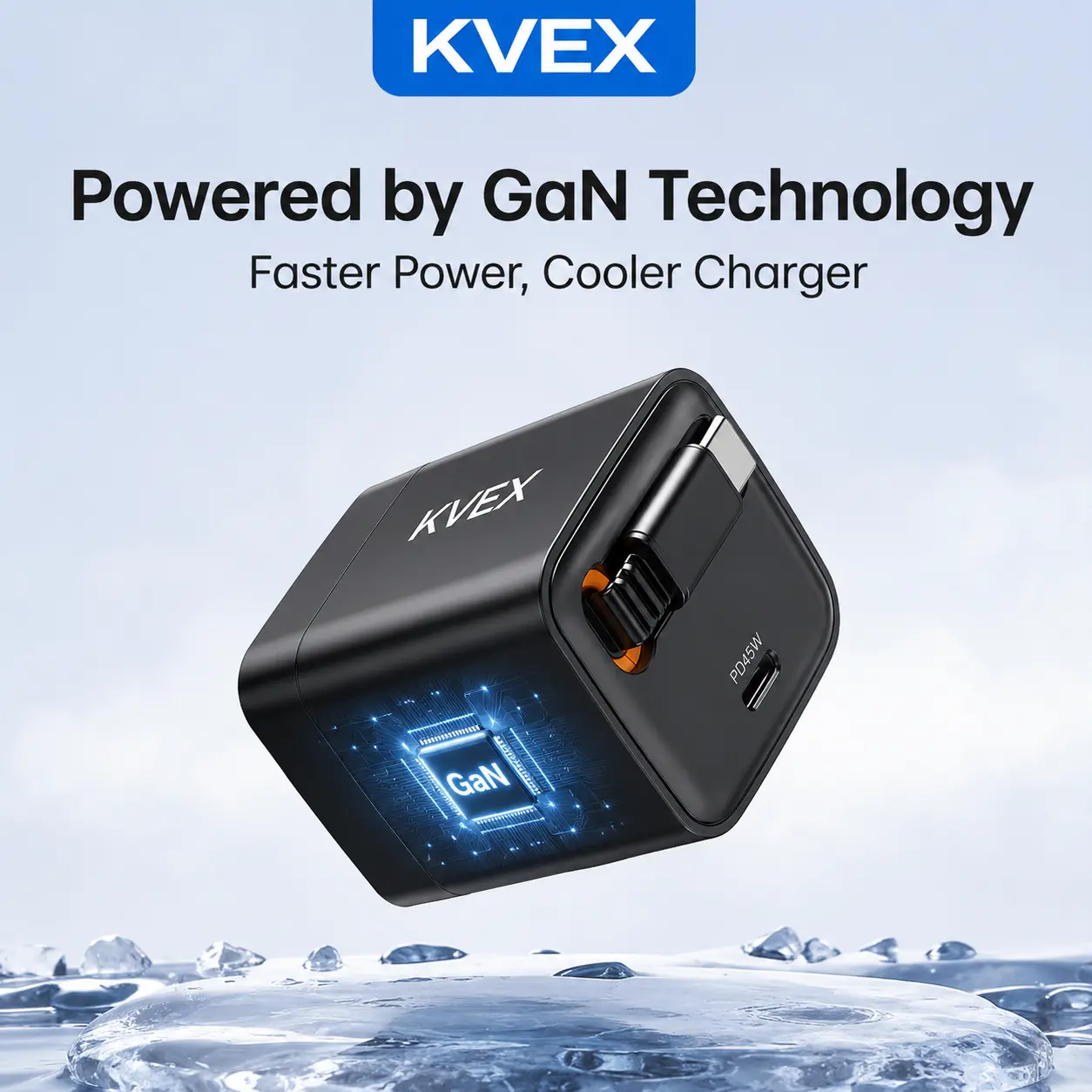 KVEX 45W GaN Charger with Built-In USB-C Cable and USB-C Port, PD PPS Foldable Wall Adapter, Black