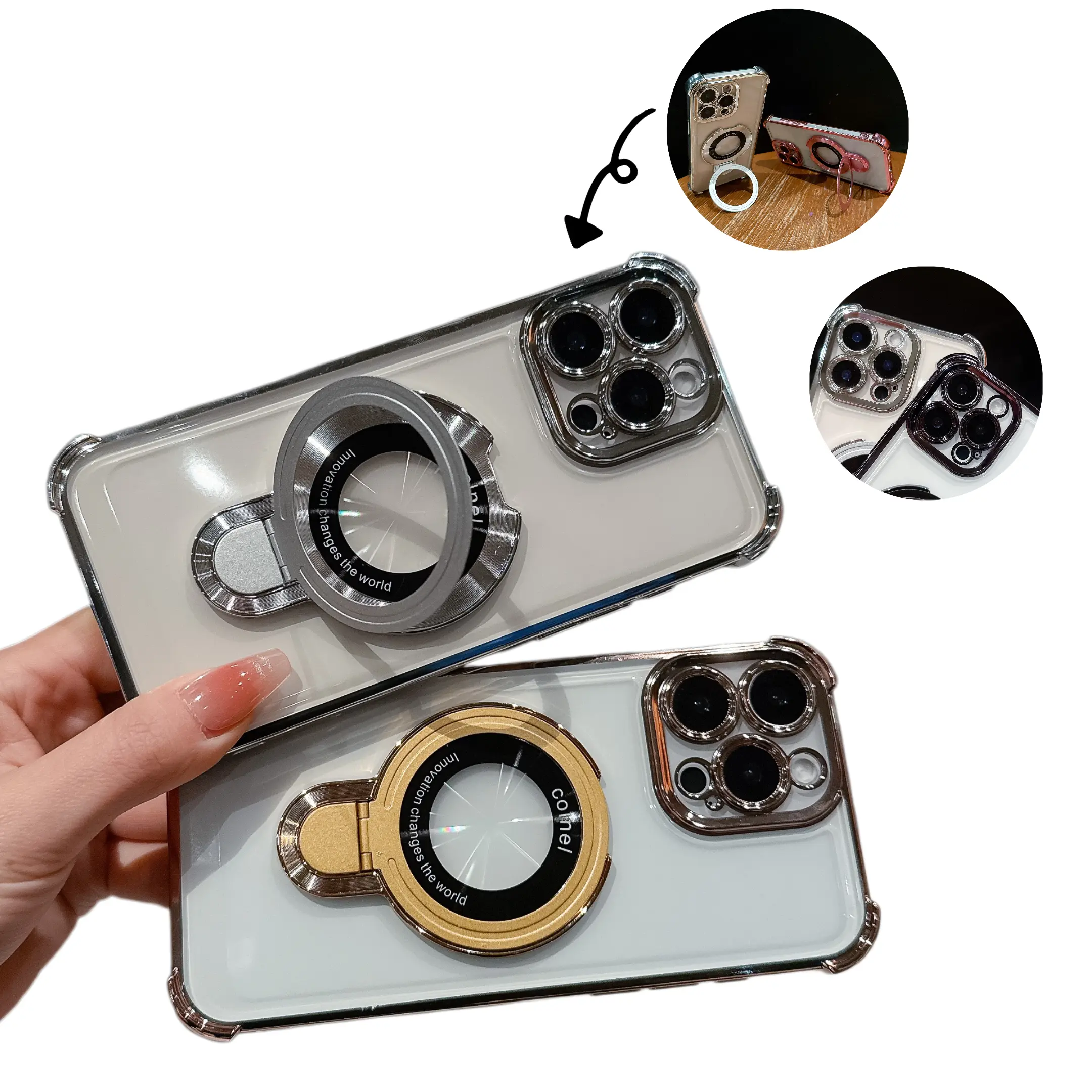 Electroplated Magnetic Stand Phone Case with Four-Corner Airbags, luxury electroplated frame, full coverage drop-proof minimalist TPU shell, compatible with iPhone 17/16/15/14/13/12/11 Pro/XS Max