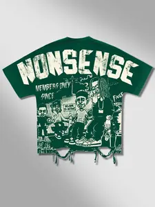 American Street Vintage Cartoon Graffiti Print Short Sleeve T-Shirt, Ripped Design Loose Fit Summer Casual Top, Trendy Graphic Tee