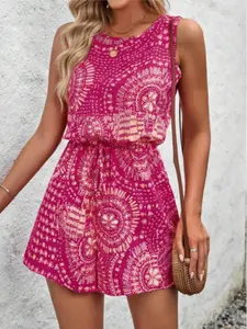 Women's Bohemian Boho Floral Print Jumpsuit, Sleeveless Round Neck Summer Beach Jumpsuit, Waist Tie Elastic Belt, Casual Chic Short Jumpsuit, Womenswear Fit