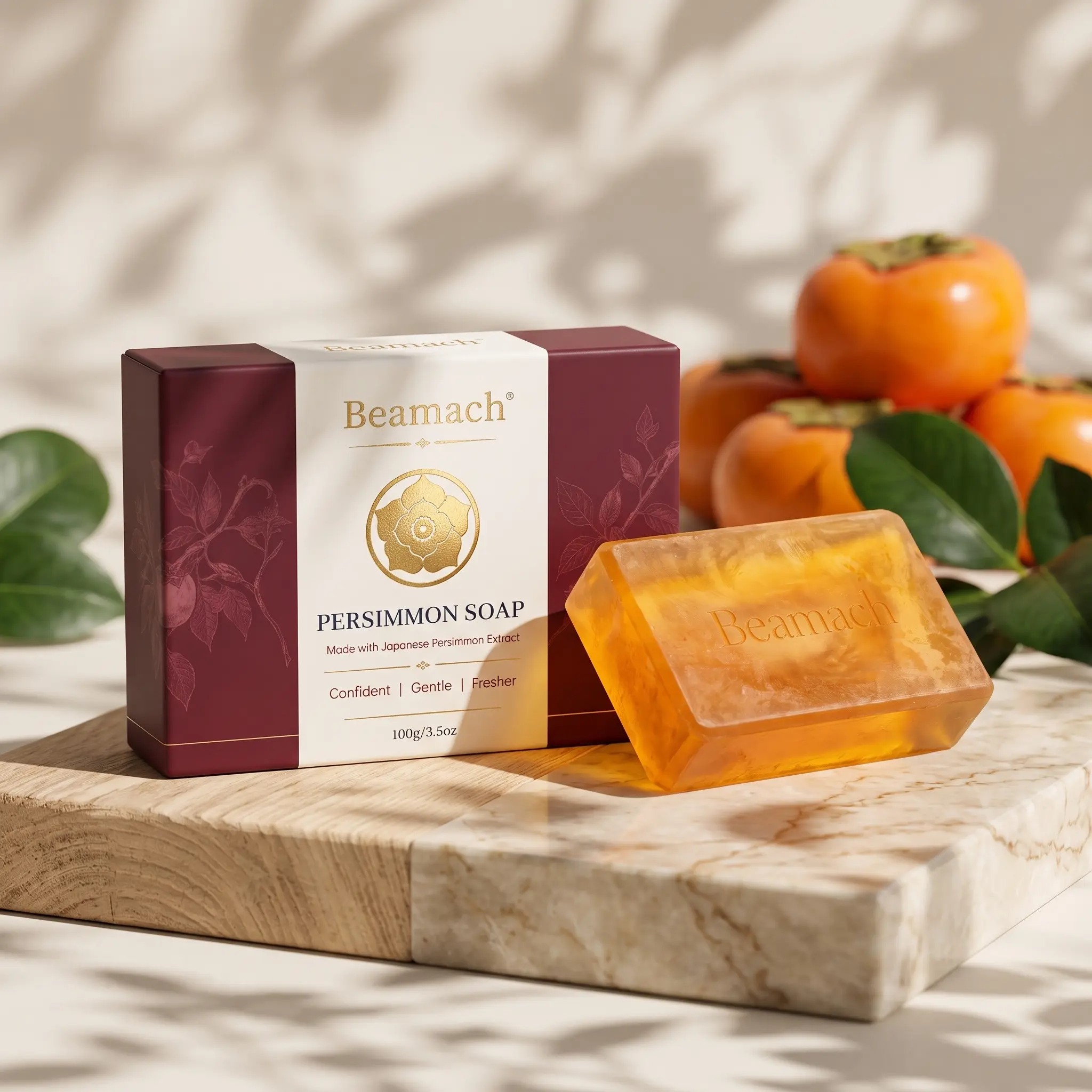 Beamach Persimmon Soap for Old People Smell - Japanese Persimmon, Green Tea & Shea Butter Deodorant Soap Bar for Nonenal & Body Odor, Gentle Body Wash for Mature Skin, Includes Foaming Net