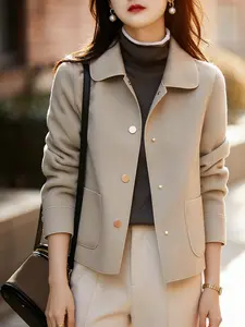 A women's light khaki short wool coat with a notched collar, featuring a minimalist design suitable for daily commuting, urban shopping, light business meetings and other refined casual/semi-formal occasions, Minimalist Blazer, Business attire clothes