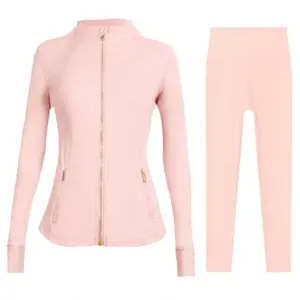 Yoga Set - Pink Long Sleeve Zipper Jacket & High Waist Leggings for Women's Fitness