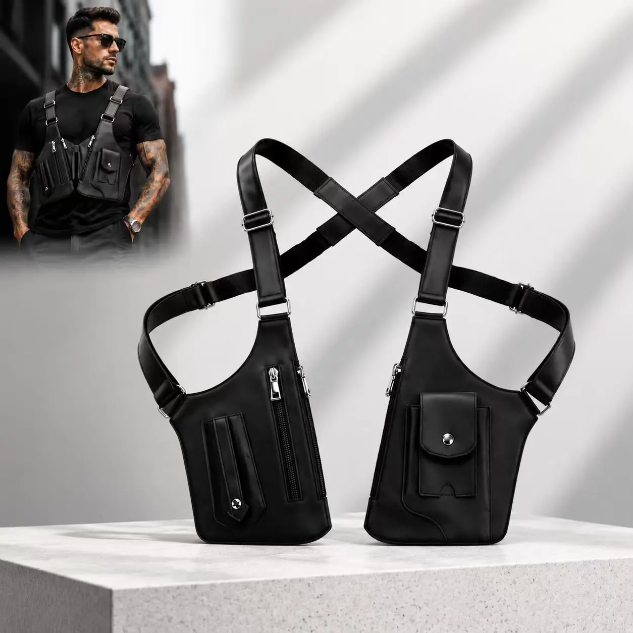 Adjustable leather underarm bag with hidden anti-theft pocket to store phones and daily belongings safely, great for cycling, hiking, running and outdoor sports, light portable daily bag for outdoor lovers