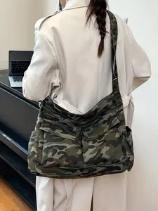 Water Washed Vintage Large Capacity Canvas Shoulder Bag, Simple Camouflage Tote, Unisex Student Crossbody Bag, Casual Style