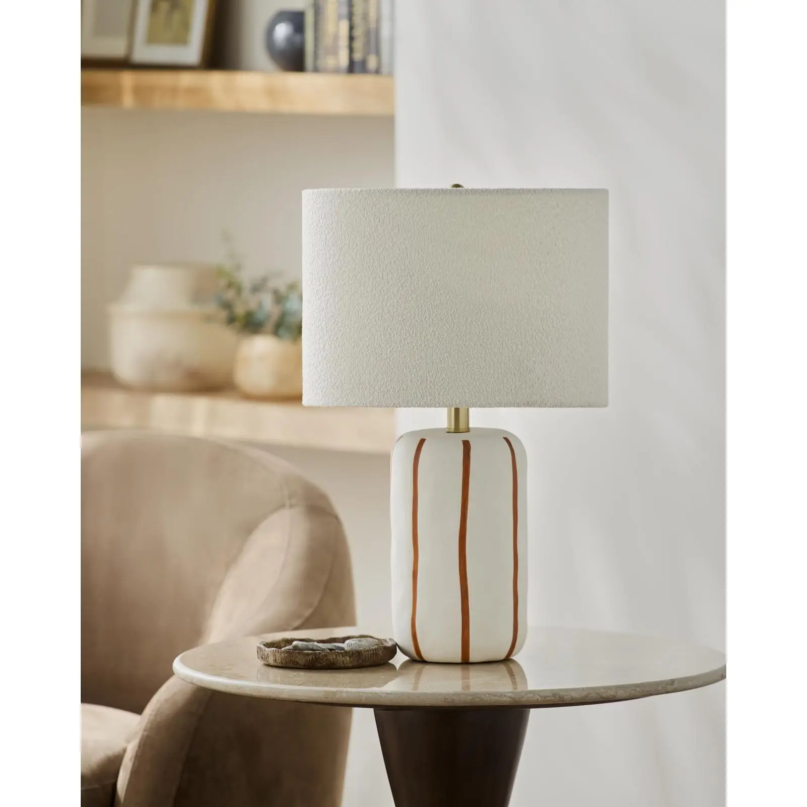 Livabliss Kinki Short Drum Shade Accent Table Lamp - Craftsman Style, Hand-Painted Ceramic Body, Atmospheric Ambiance Decorated Indoor Home Lighting for Ambient Glow, Atmospheric Table Lamps, Ambiance Table Lamps
