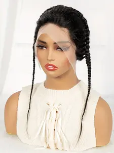 13x4 Brazilian Remy Human Hair Lace Frontal with Braids - 1B# Natural Black, Transparent Lace Wig, Natural Hairline, Includes Headband for Secure Fit - Elegant Braiding Hairpiece for Women, Braided Wigs