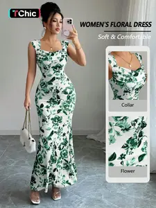 Women's Elegant Fashion Casual Floral Print Vacation Sleeveless Bodycon Fit Dress, Stylish Summer, Perfect for Travel and Daily Wear, Womenswear