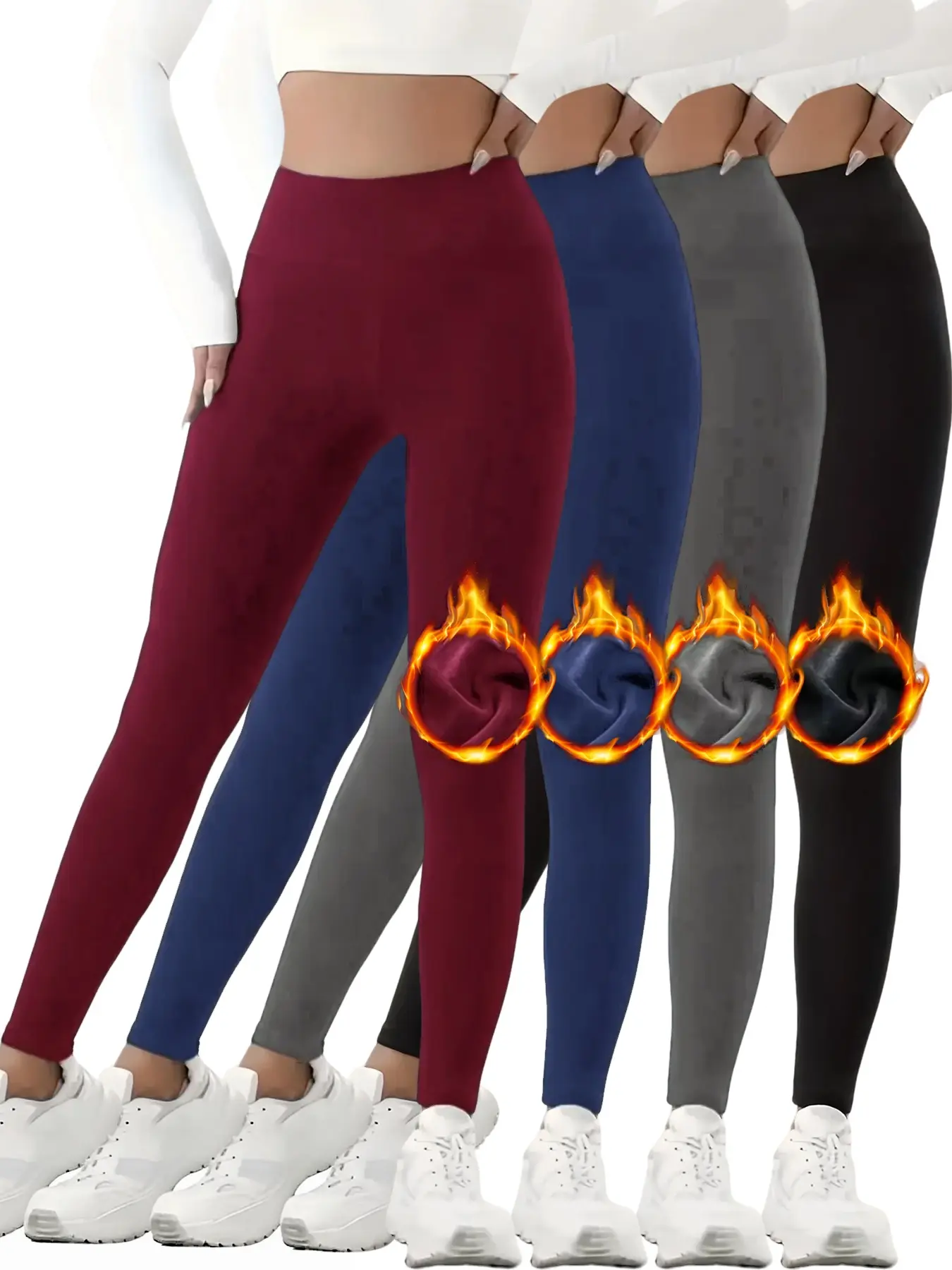 4 Pack Women's Winter Fleece Lined Leggings, High Waist Tummy Control, Butt Lift, Yoga Pants with Pockets, Warm Thermal, Black Grey Red Blue