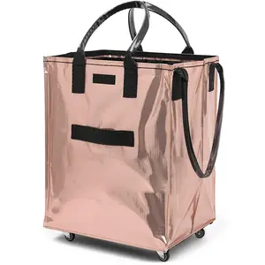 (Medium) Reusable Nylon Fabric Folding Grocery Bag on Wheels, Foldable Rolling Tote, Water-Resistant Reusable Shopping Bags Carrier, Carries Up to 90 lbs Shopping Trolley,  multipurpose storage, Laundry home essentials