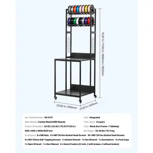 VEVOR 3D Printer Filament Storage Rack, 4-Tier 3D Printer Stand with Filament Storage, Spools Holder Racks Cart with Wheels, Filaments Organzied for 3D Printing Station, Office, Workshop (Shelf Only)