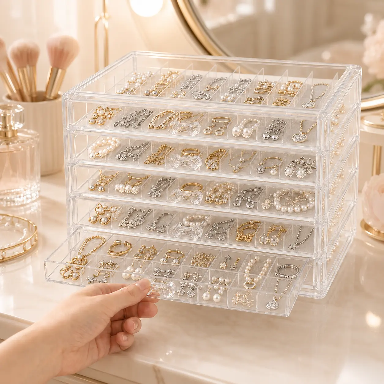5-Drawer Clear Acrylic Jewelry Box Organizer, 120-Grid Trinket Storage Box for Earrings, Rings, Studs & Small Accessories, Vanity Drawer Organizer, Gift for Women and Girls