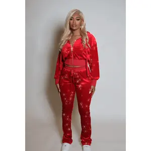 Khalilah Red Rhinestone Velour Stacked Trackset