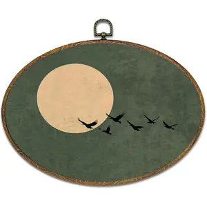 kdqua Japanese Moon Bird Oval Wall Art Decor, Mid Century Modern Minimalist Japandi Canvas Artwork Framed, Asian Oriental Bird Wall Hanging Decorations for Home Bedroom Living Room, 11.4x8.6 Inch