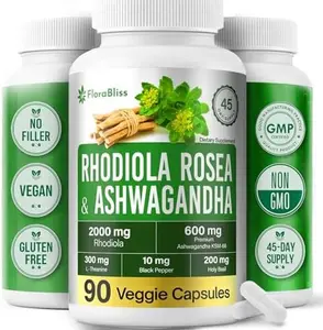 FloraBliss Rhodiola Rosea 2000mg with Ashwagandha KSM-66, L-Theanine, Holy Basil & BioPerine - 90 High Potency Vegan Capsules - Herbal Adaptogen for Energy & Wellness - No Artificial Additives