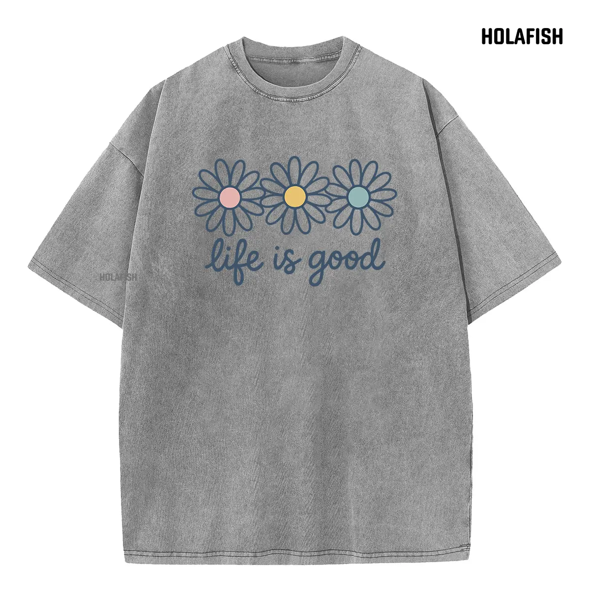 [Upgraded] Holafish Acid Wash T-Shirt with Daisy Print Drop Shoulder Design for Vintage Streetwear Unisex Baggy Hip Hop Style Acid Washed Graphic Tee