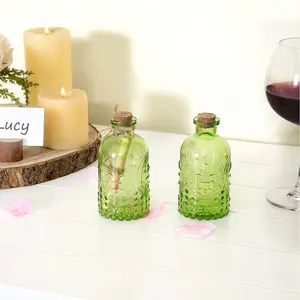 Vintage Design Embossed Green Glass Bottle with Cork Lid, Set of 2