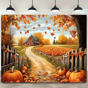 Soft Polyester Autumn Camping Photo Backdrop Banner - 1pc Vibrant Forest & Pumpkin Patch Design, Multi-Size Option, Party Decoration Supplies, Wedding Party Backdrop for Outdoor Fall Activities