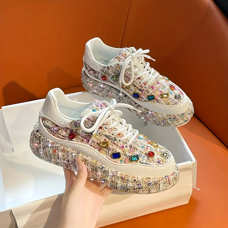 Women's Low-Top Lace-Up Walking Shoes - Glam Bling Crystal Platform Sneakers with Cushioned Anti-Slip Synthetic Fabric Thick Sole, Ideal for Parties