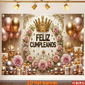2D Flat Banner, 1pc Spanish Happy Birthday Banner, Crown Rose Gift Box Balloon Combo Picture, Party Decoration Supplies, suitable for home indoor and outdoor decorations, photo party decorations, summer and autumn decoratio