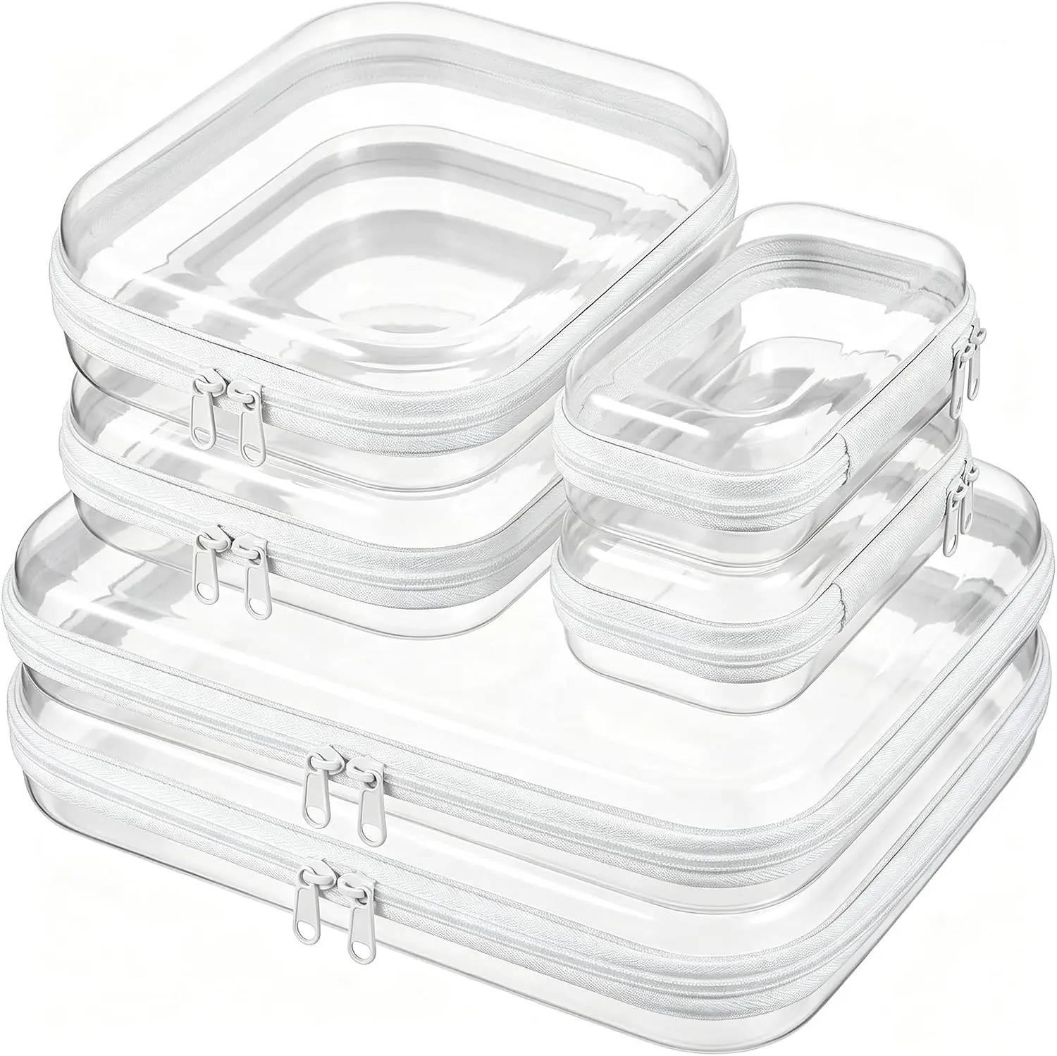 White Clear Hard Shell Zipper Organizer Set, 6 Multi-Size Storage Bags (3 Practical Sizes) for Toiletries, Cosmetics, Household Essentials | Rigid, Large-Capacity Home Organizer Cases