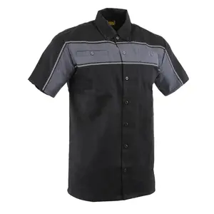Black and Grey Button Up Heavy-Duty Work Shirt for Men's Classic Mechanic Work Shirt Fitted Short Sleeve Casual Summer Wear Durable Cotton Polyester Blend Reflective Material for Night Visibility