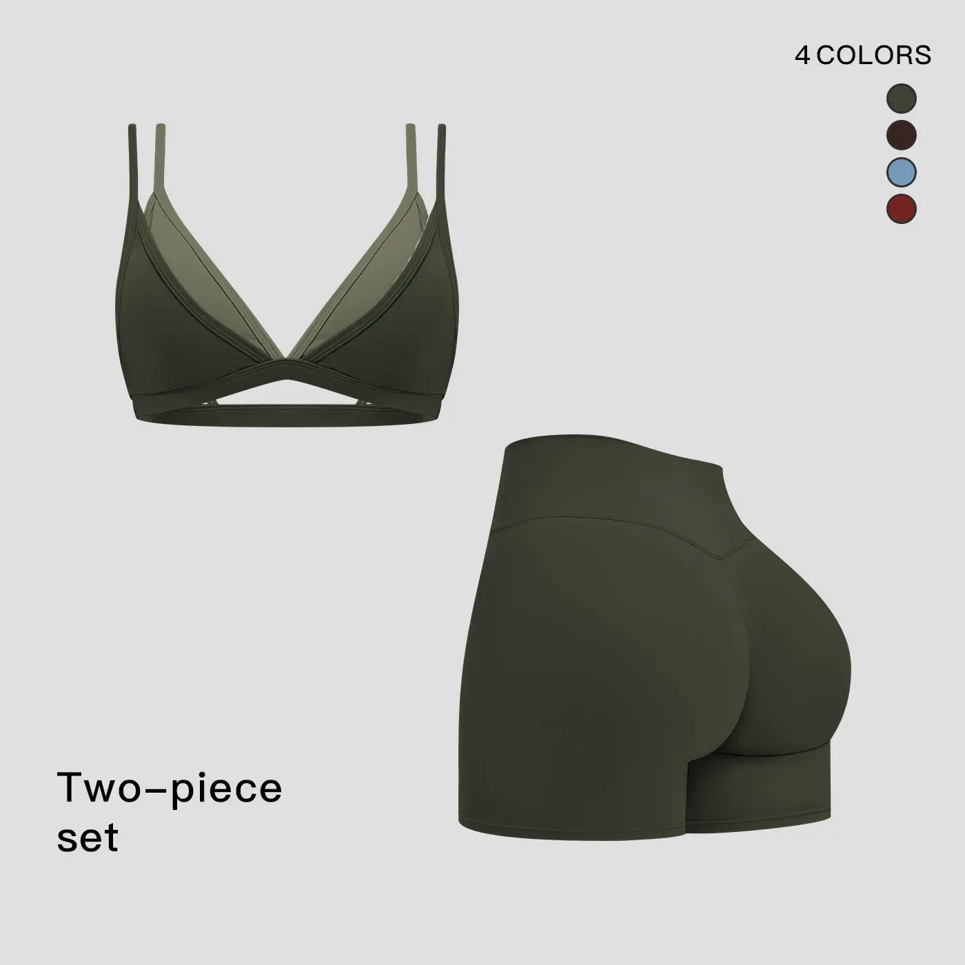 MFVIM women’s faux two-piece bra with thin straps and a beautiful back design, paired with high-waisted solid-color slim shorts; suitable for outdoor sports like yoga and Pilates, as well as gym workouts and running.