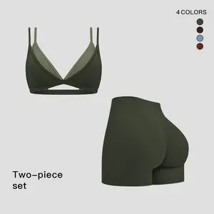 MFVIM women’s faux two-piece bra with thin straps and a beautiful back design, paired with high-waisted solid-color slim shorts; suitable for outdoor sports like yoga and Pilates, as well as gym workouts and running.