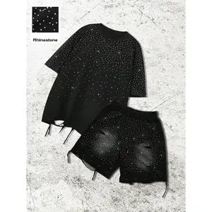 (New)Men's Solid Color Casual T-Shirt and Shorts Set, Rhinestone Decorations and Ripped Details, Fashion Streetwear for All Seasons