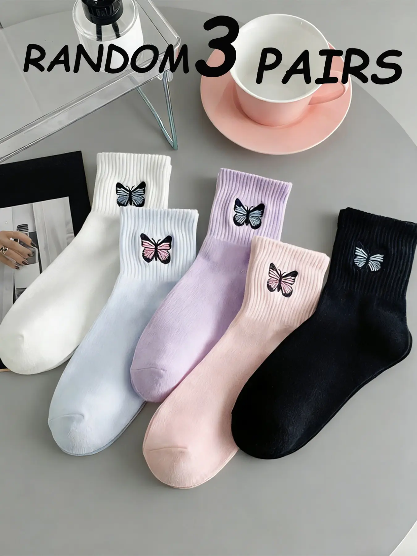 3 Pairs Random Butterfly Embroidered Crew Socks, Stylish Footwear Accessories, Perfect for Daily Wear & Gifts, Comfortable & Durable Design