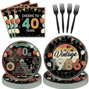 96Pcs Vintage 40th Birthday Party Decorations for Cheers to 40 Years Disposable Tableware Sets Back in 1986 Paper Plates Napkins for 24 Guests Men Women 40