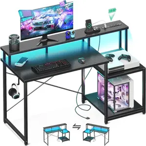 Computer Desk, 48 Inch Gaming Desk with Led Lights & Power Outlet, Office Desk with Printer Storage Shelves, Reversible Desk with  Shelf & Headphone Hook, Carbon Fiber Black