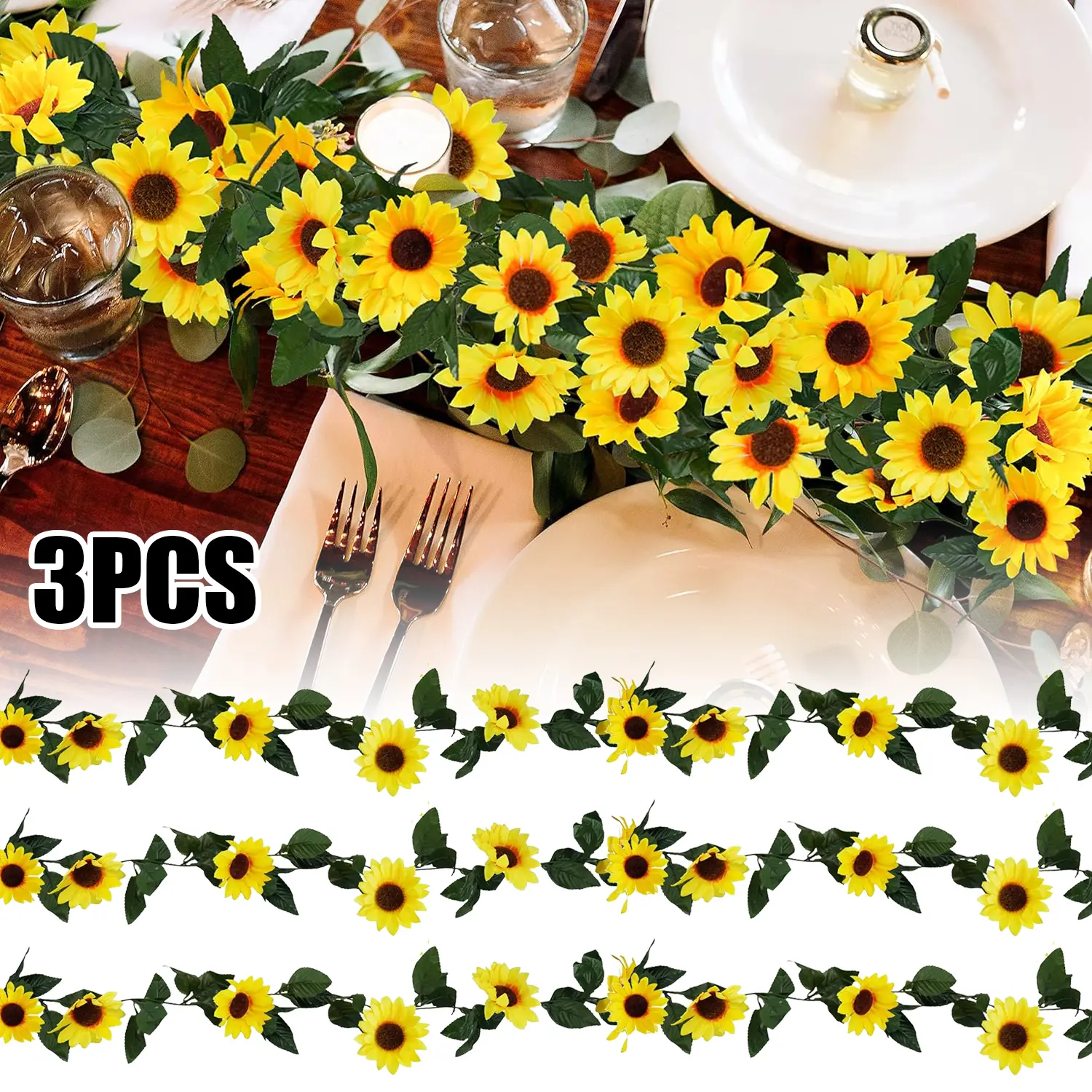 3pcs Plastic Sunflower Hanging Garland Decoration - Dangle Ornaments with Plastic Rattan & Silk Leaves, Vibrant Yellow Blooms, Durable, No-Maintenance for Home Room Decorations, Wedding