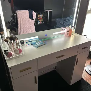 White Vanity Desk with Lighted Mirror & Power Outlet, Makeup Vanity with 3 Drawers, Holder for Bedroom Girls