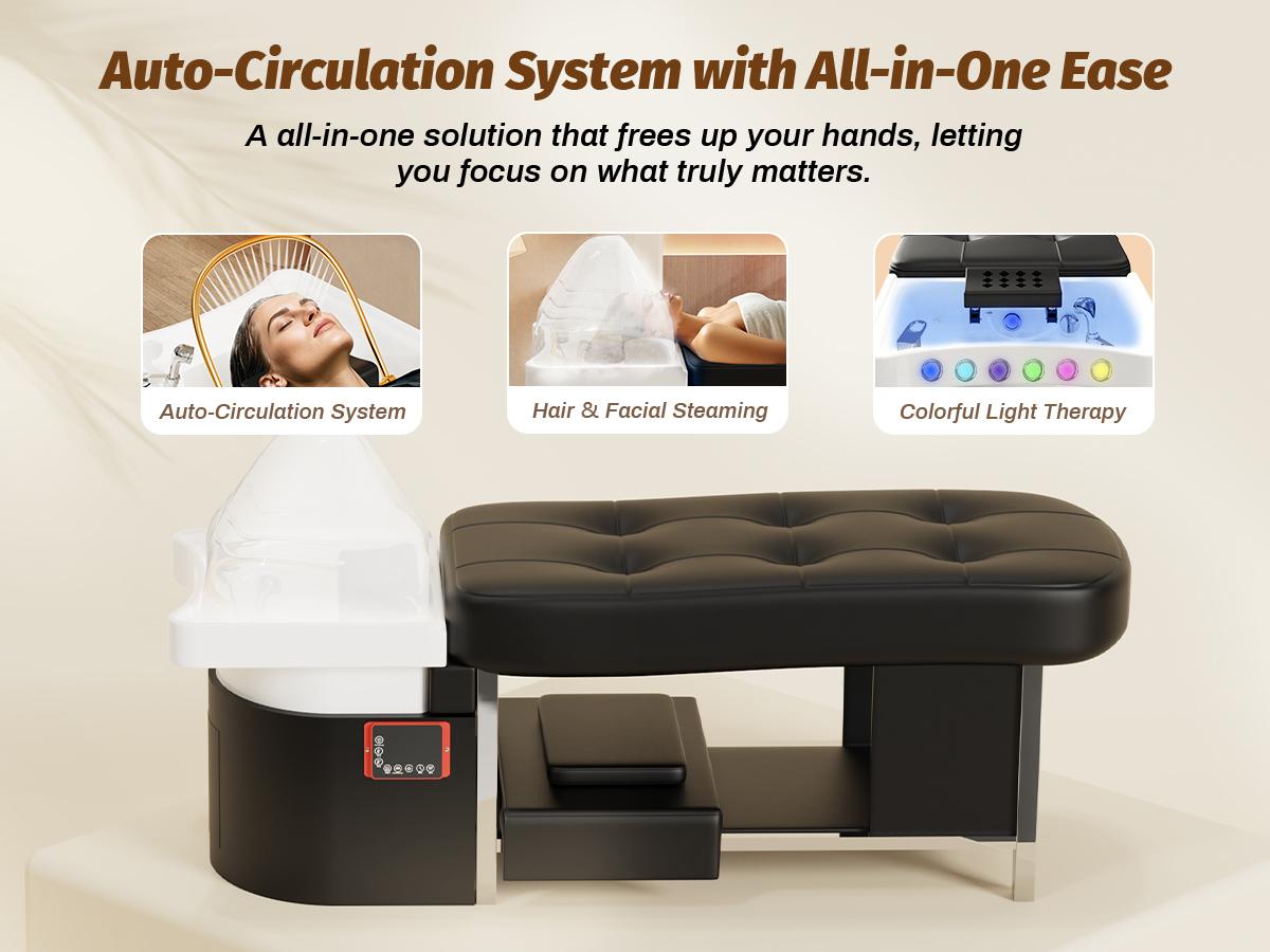 Baasha All-in-One Head Spa Bed with Water Circulation & Steam | 7-Color Light Therapy Massage Table | Memory Foam Shampoo Bed & Facial Station | Professional Scalp Therapy Equipment | Shipped in 3 Separate Packages for Safety