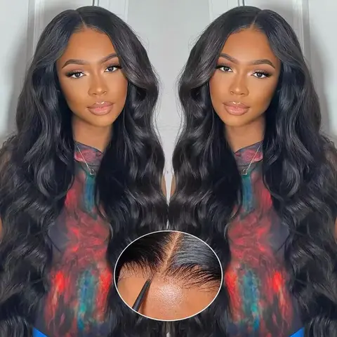 Larhali Female 200% Density Human Hair Glueless Black Wig - 7x6 HD Lace Closure, Pre-Plucked, Pre-Cut, Smooth, Soft, Body Wave, Drawstring, Reusable, Natural Black Tone & Texture, Style It Straight/Dyed/Bleached, Straighten & Dye, Wig for Beginners