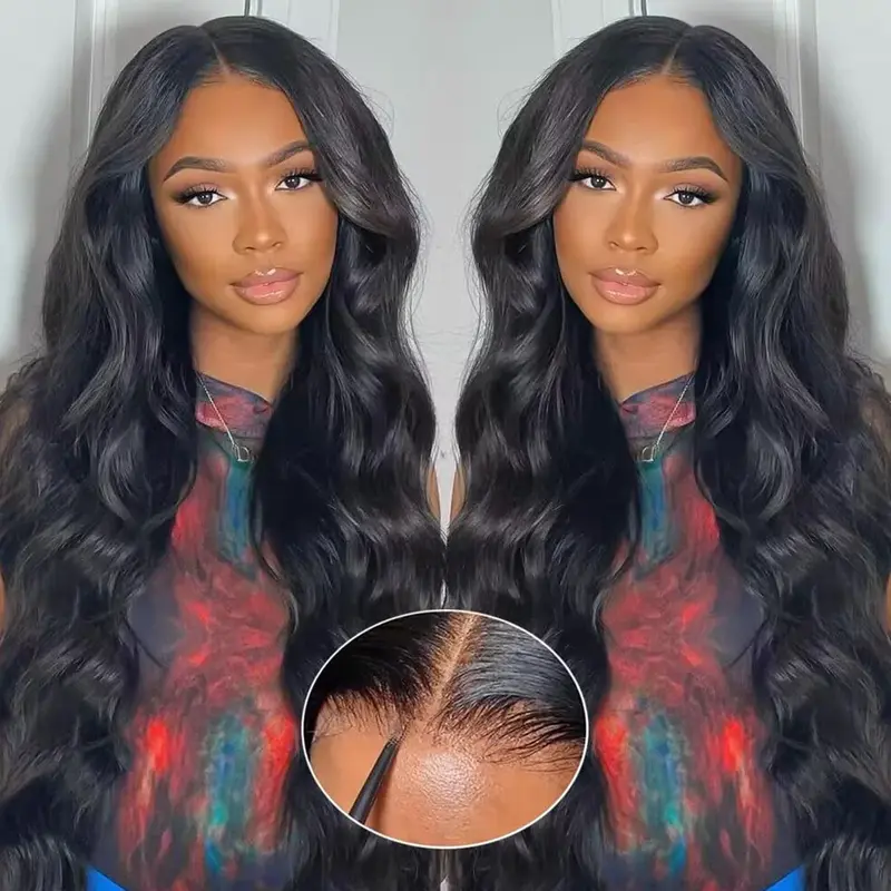 Larhali Female 200% Density Human Hair Glueless Black Wig - 7x6 HD Lace Closure, Pre-Plucked, Pre-Cut, Smooth, Soft, Body Wave, Drawstring, Reusable, Natural Black Tone & Texture, Style It Straight/Dyed/Bleached, Straighten & Dye, Wig for Beginners