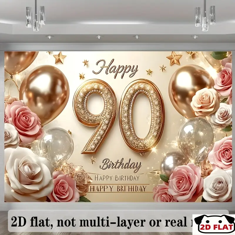 2D Flat Banner 1pc, 90th Birthday Party Backdrop Decoration - Elegant Banner Golden & Pink Balloons, Roses, "Happy Birthday" Text Home, Room, or, Perfect Celebrations Photo Props, Birthday Party Decorations,