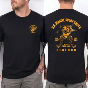 U.S. Marine Scout Sniper T-Shirt, Platoon Death From Afar 2 Sides, One Shot One Kill Skull and Rifles Graphic, Eagle Globe and Anchor Military Pride Apparel for Men & Women, Streetwear, Graphic Tee, 2000s Outfits, Outfits Men outdoorfun