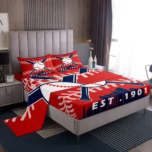 Baseball Bed Sheets Set for Boys,Kids Softball Sheet Set,Red Black Baseball Player Sheets,Sports Game Flat Fitted Sheet Bedroom Decor(Boston)