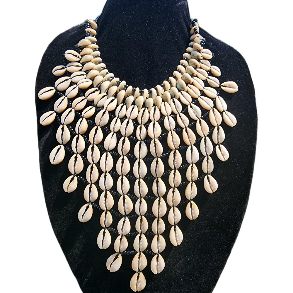 Handmade African Cowrie Shell Statement Necklace | Cultural Beaded Bib Necklace | Afrocentric Jewelry for Women
