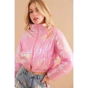Windbreaker Metallic Puffer Crop Zip Up Jacket  Pink