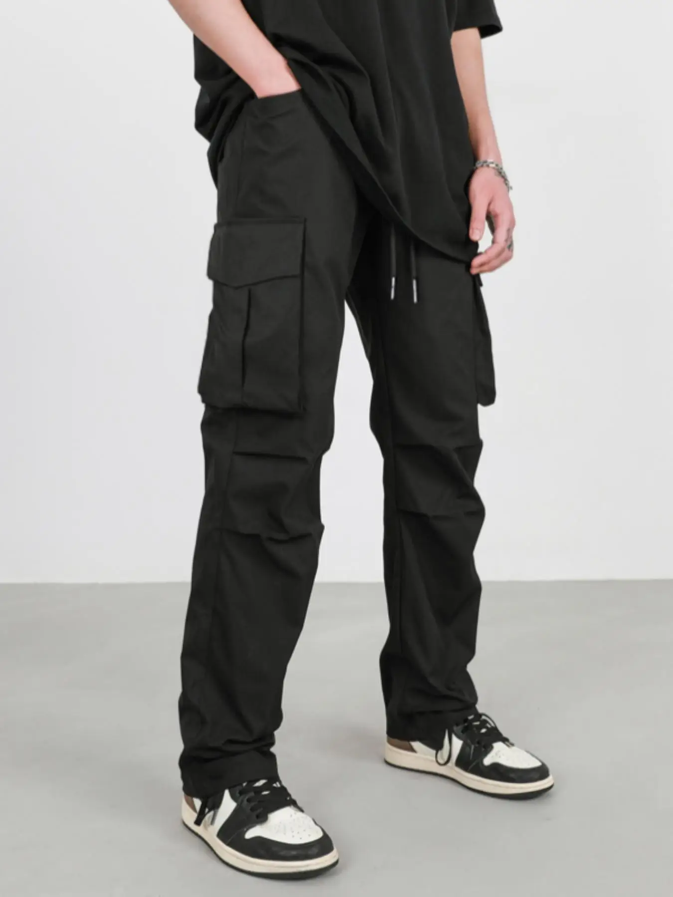 Men's Plain Drawstring Waist Flap Pocket Cargo Pants, Street Fashion Casual Jogger Pants for Daily Outdoor Wear, Men's Trousers for Spring & Fall, Men