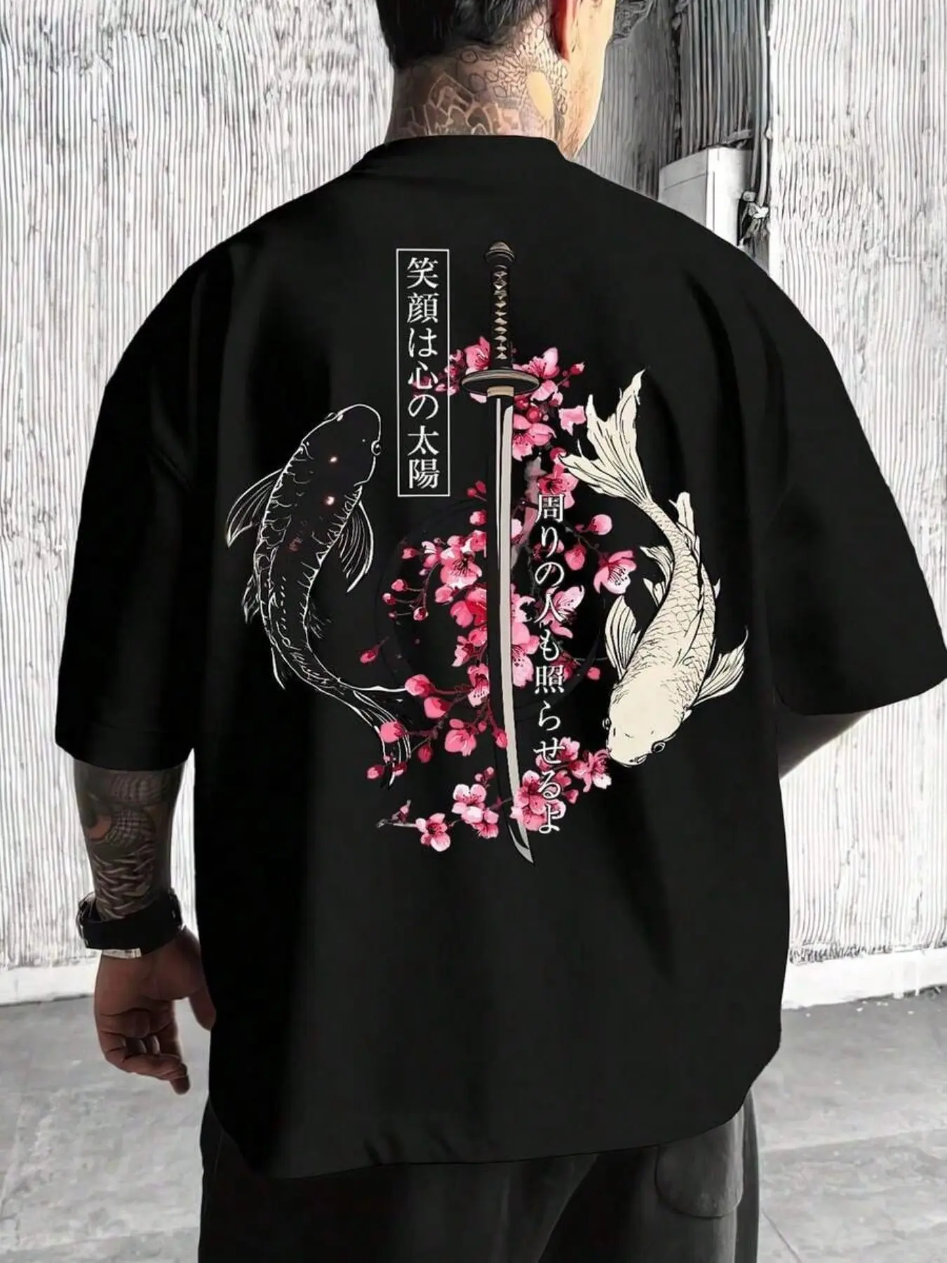 Men's Oversized Koi Samurai Sword T-Shirt, Japanese Street Style Short Sleeve, Sakura and Japanese Print, Summer Fashion, Streetwear, Menswear