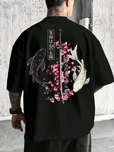 Men's Oversized Koi Samurai Sword T-Shirt, Japanese Street Style Short Sleeve, Sakura and Japanese Print, Summer Fashion, Streetwear, Menswear