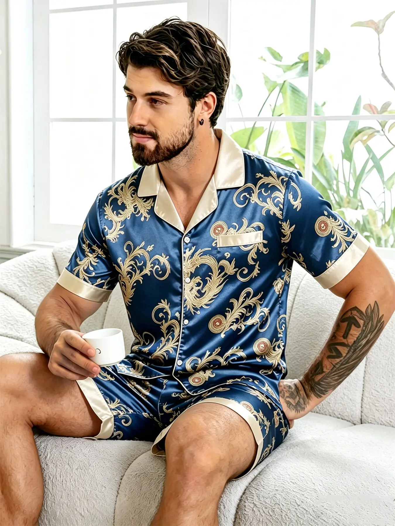 Men's Satin Polyester Print Pajama Set, Colorblock Short Sleeve Shorts, Summer Home Wear Loungewear, Casual Loose-Fitting Baggy, All Seasons, Pyjamas, Pjs, Nightwear, Menswear