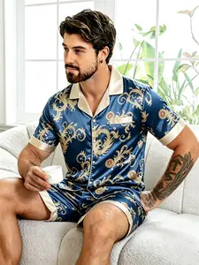 Men's Satin Print Pajama Set, Colorblock Short Sleeve Shorts, Summer Home Wear, Casual Loose-Fitting, All Seasons, Polyester